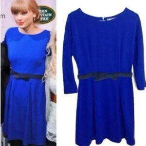 Anthropologie Girls From Savoy Blue Ponte Dress Velvet Bow Taylor Swift Size M